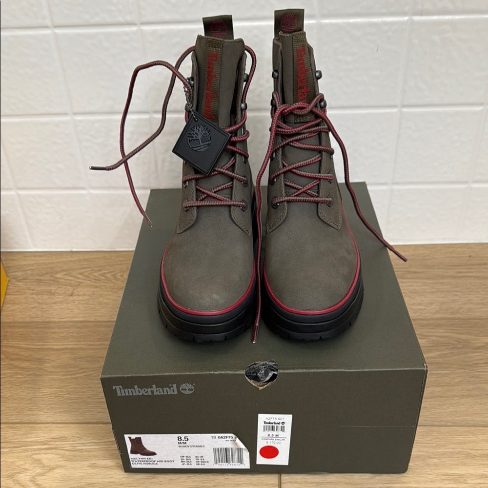 Timberland Women’s Olive Boots with Red Accents